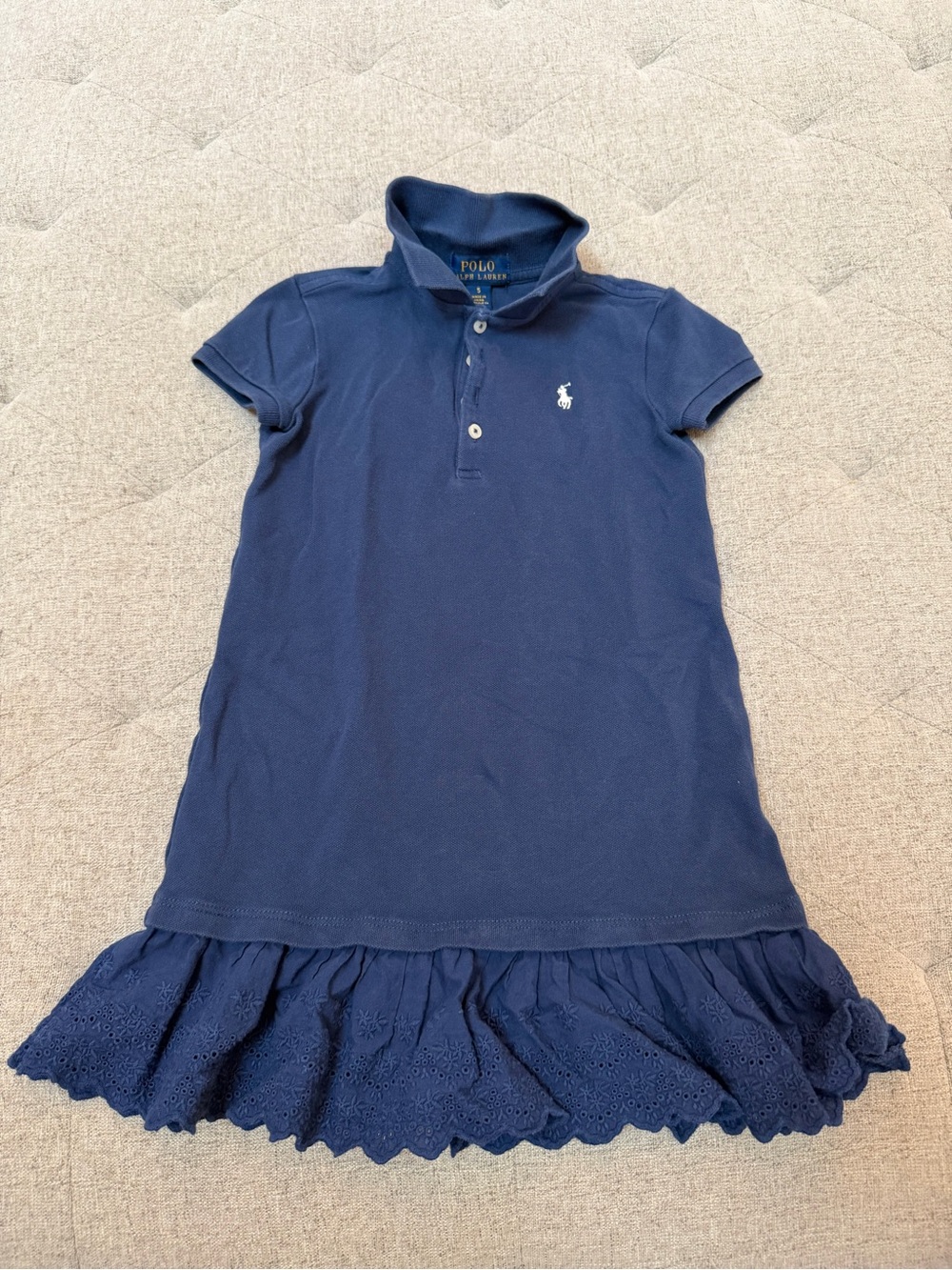 Polo Ralph Lauren navy blue girls polo dress with ruffle eyelet bottom size 5